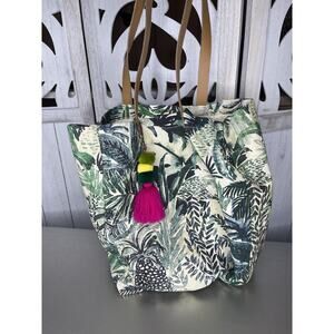 Eccolo Canvas Pom-pom Tote Bag Green Leaf Tropical Design